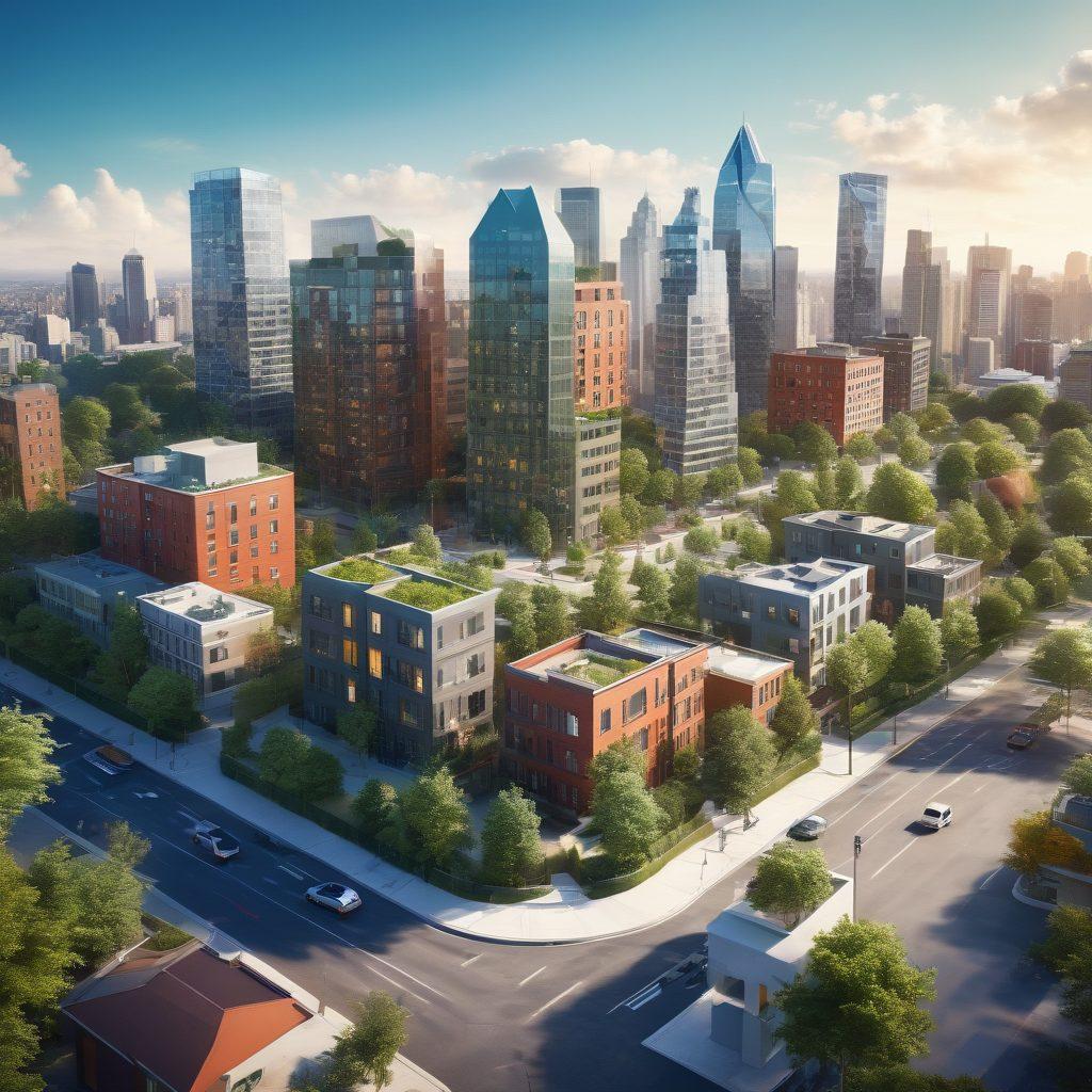 A dynamic city skyline showcasing various rental properties, including apartment complexes and houses, with a diverse group of people engaged in discussions and consultations. Incorporate a bright and inviting atmosphere with greenery, a map, and highlighting 'For Rent' signs. Add elements representing guidance, like a compass or magnifying glass for a touch of navigation. surrealistic. vibrant colors. 3D.