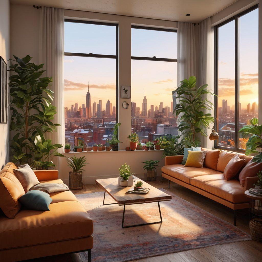 A cozy living room scene with a warm atmosphere, showcasing various apartment styles like modern, rustic, and minimalistic in an inviting layout. Include a happy family exploring their options and a large window with a view of a vibrant city skyline. Soft lighting and lush indoor plants to enhance the homey feel. super-realistic. vibrant colors. 3D.