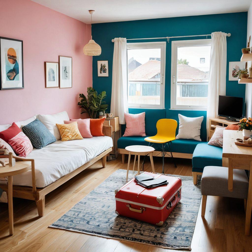 An engaging split scene showcasing a cozy short-term rental on one side with vibrant interior decor and a welcoming atmosphere, and a spacious long-term accommodation with a modern kitchen and personal touches on the other. Include subtle icons representing travel and home, like a suitcase and a family picture. The background blends the two settings seamlessly, emphasizing their differences. super-realistic. vibrant colors.